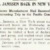 Music Trade Journal, June 6, 1920, detailing Ben Janssen's travels.